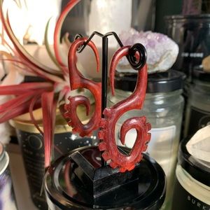 Abaraka 6g Bloodwood hand carved “vertebrae” hanger earrings